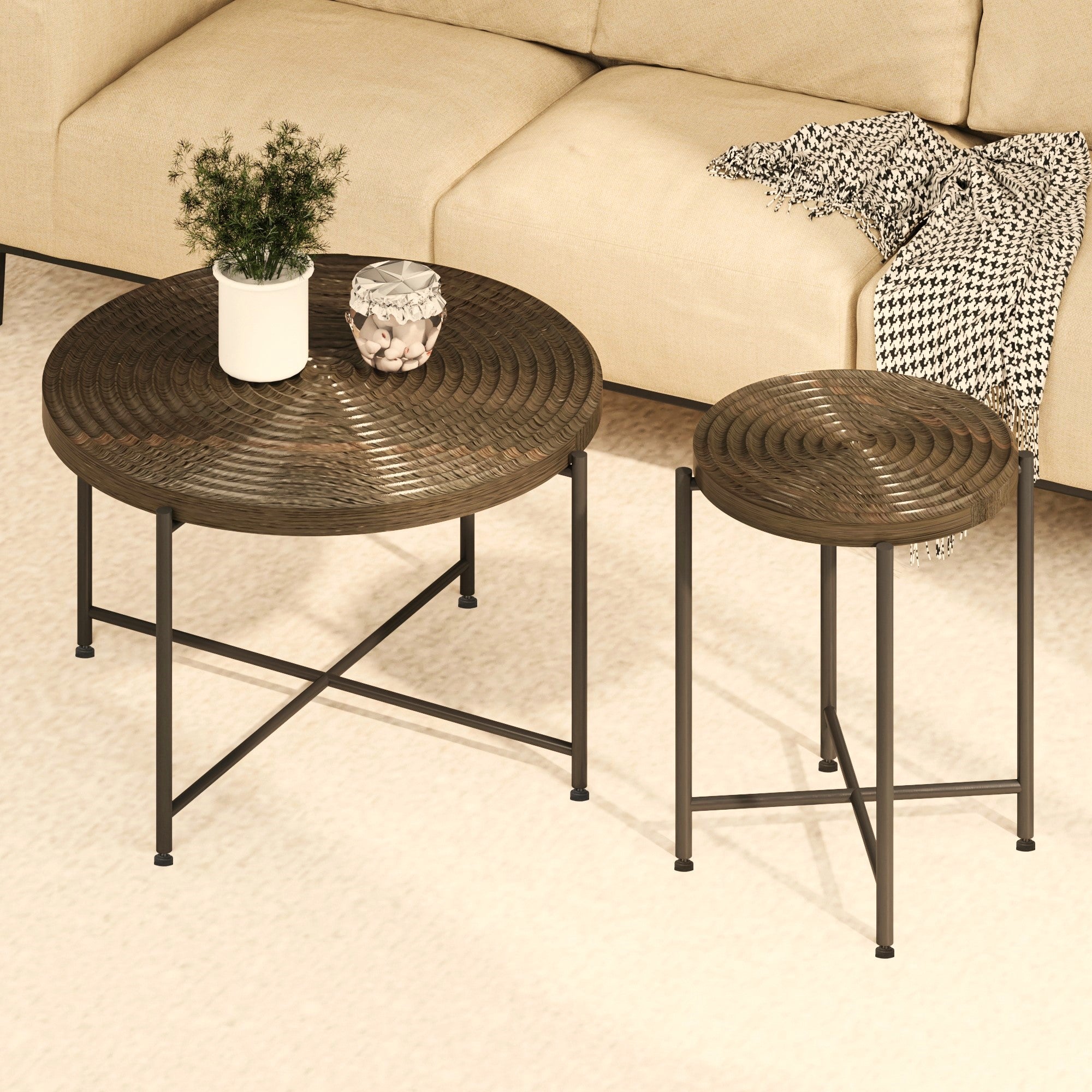 2-Piece Coffee & End Table Set, Waterproof MDF PVC Distressed Cylindrical Design