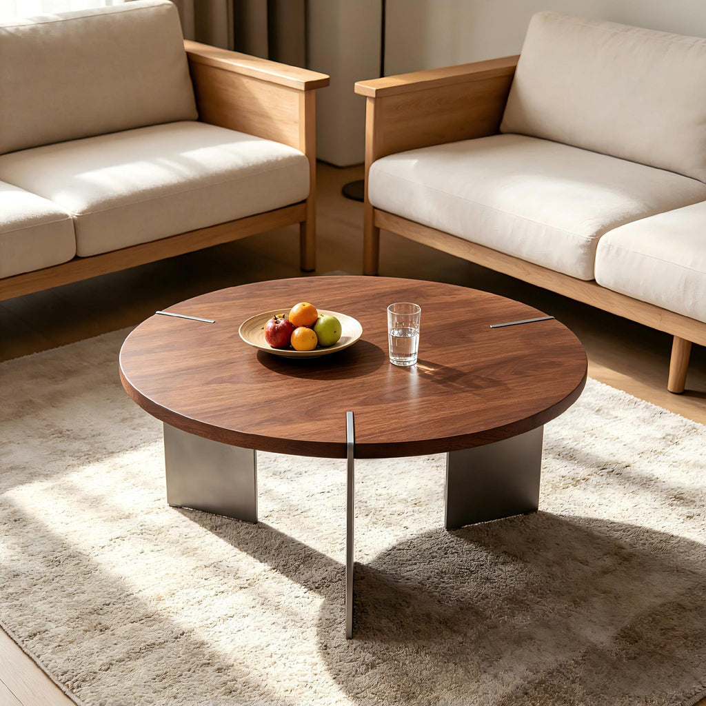 35.43' Round Coffee Table, Black Oak/Walnut Wood Surface & Metal Feet