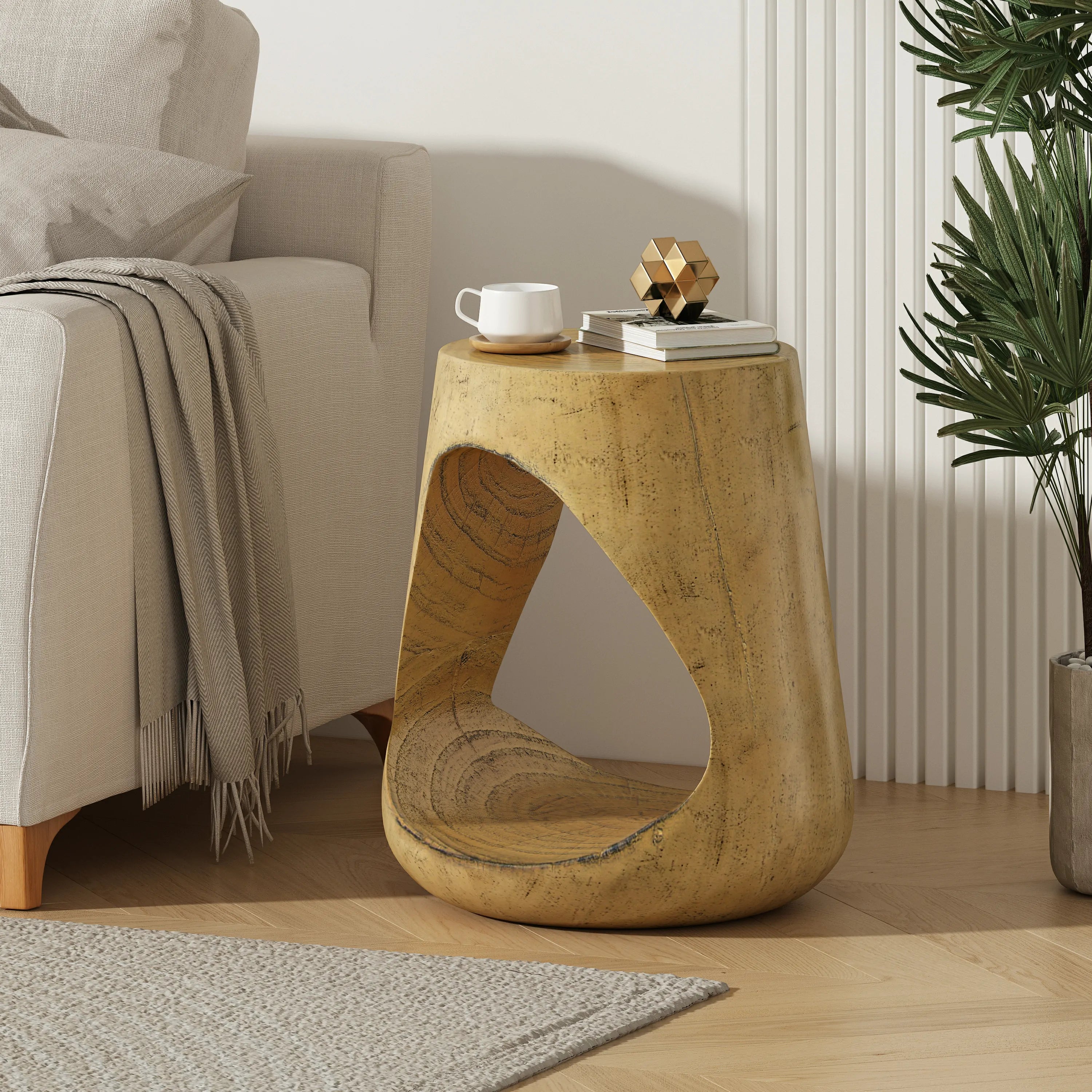 MGO Hollow Side Table, 14.5" Round Wood Like Texture Accent Table