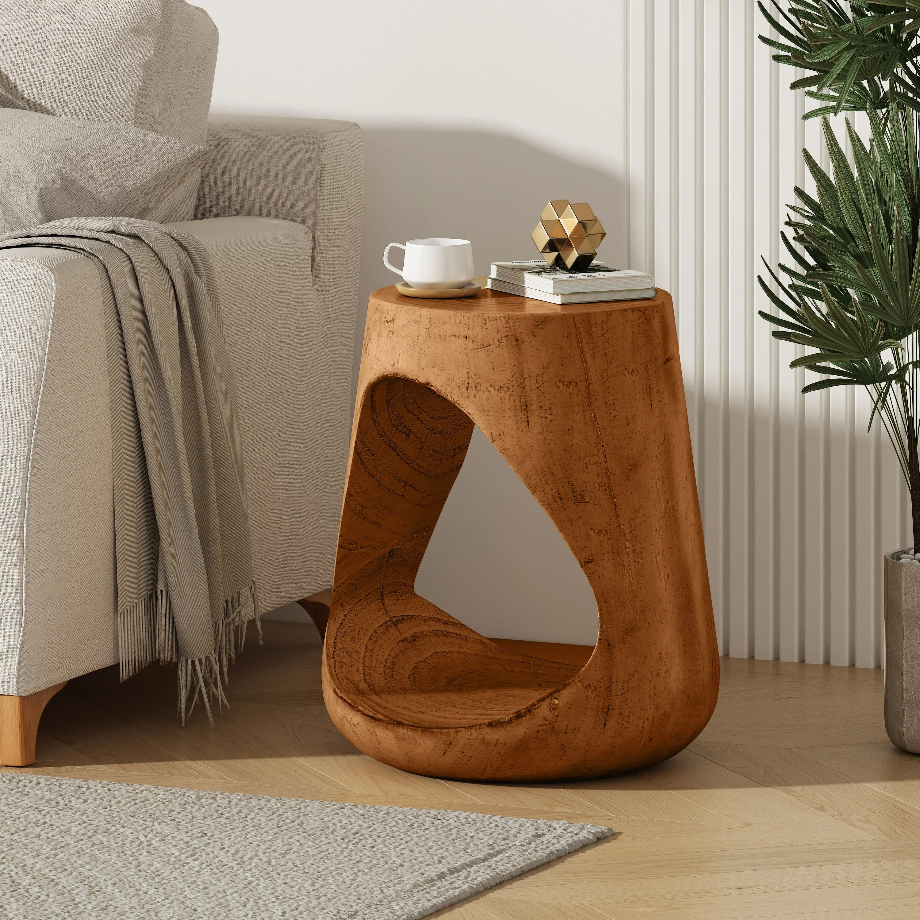 MGO Hollow Side Table, 14.5" Round Wood Like Texture Accent Table
