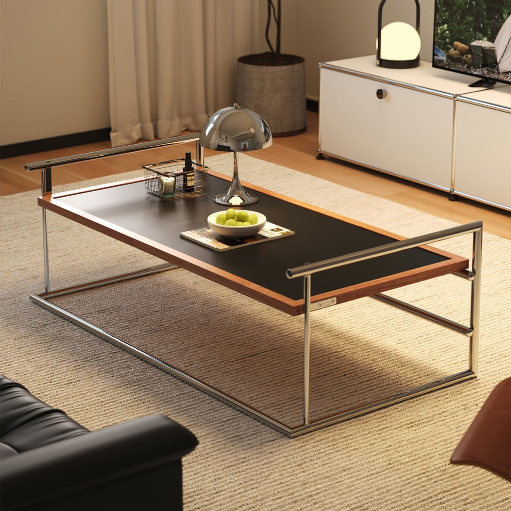 Rio Bauhaus Coffee Table, Retro Ash Wood & Stainless Steel Rectangular Tea Table for Small Apartment Living Room