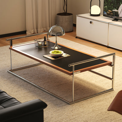 Rio Bauhaus Coffee Table, Retro Ash Wood & Stainless Steel Rectangular Tea Table for Small Apartment Living Room