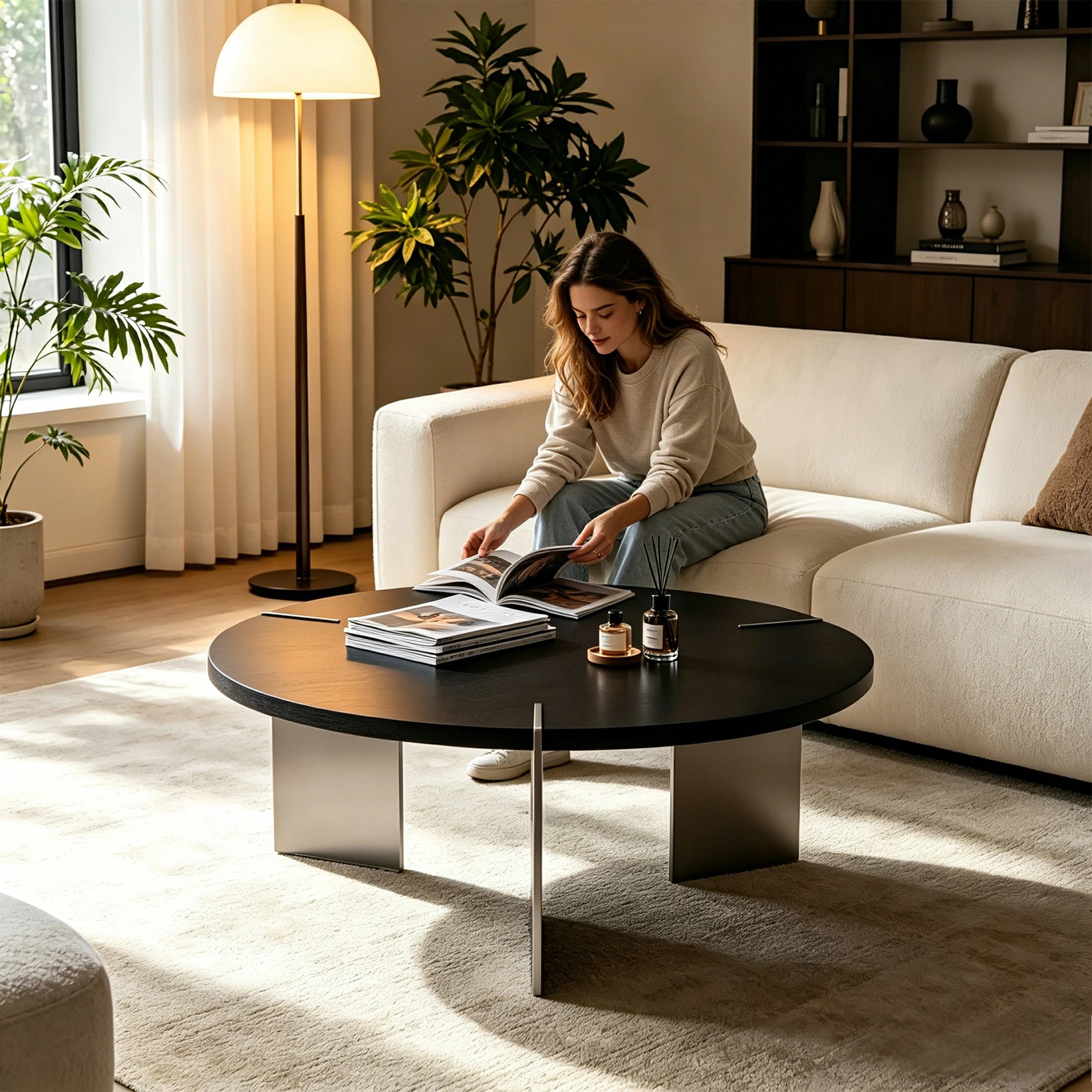 35.43' Round Coffee Table, Black Oak/Walnut Wood Surface & Metal Feet
